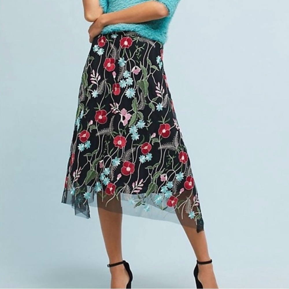 Anthropologie Black Midi Skirt with Red, Pink & Blue Floral Embroidery